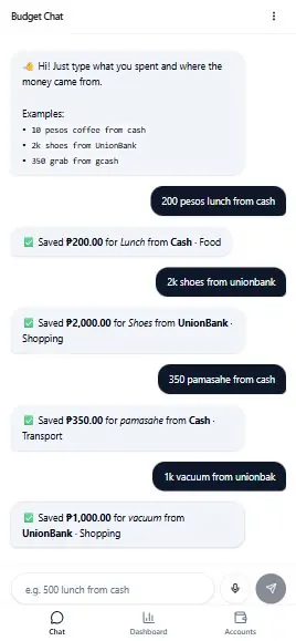 AI Pitaka mobile budgeting screen