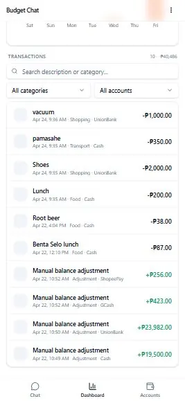 AI Pitaka account and transaction view