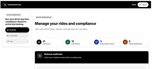 CarPool Connect landing and ride discovery screen