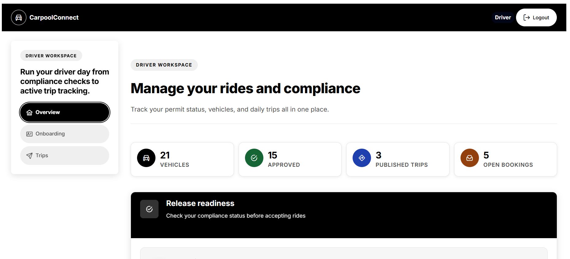 CarPool Connect landing and ride discovery screen